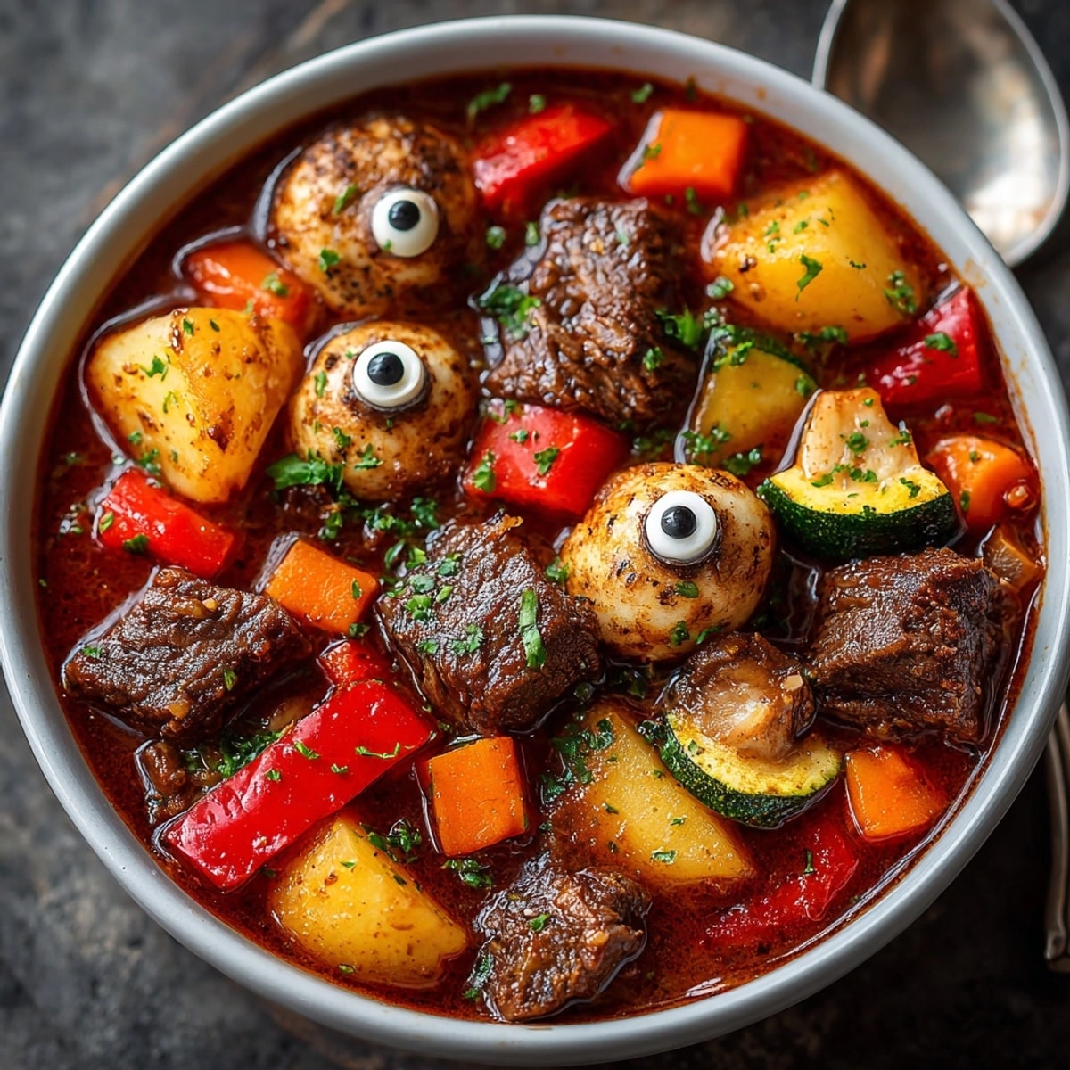 Close-up of savory Ghoul-ash Stew bubbling, showing beef, veggies, and scary mozzarella eyeballs.