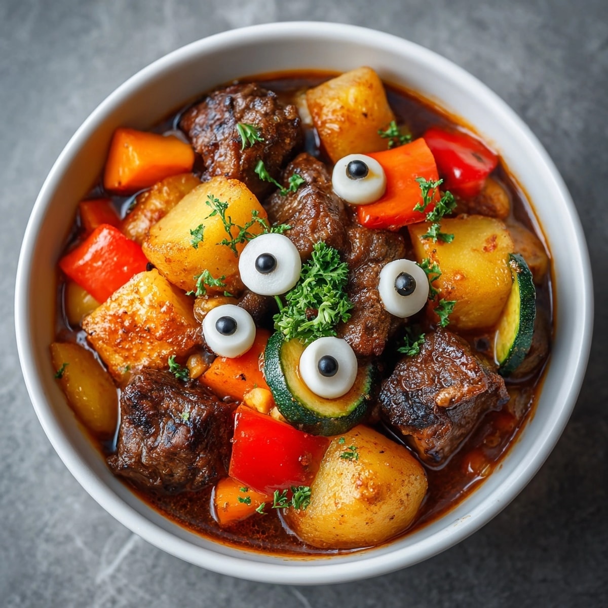Simmering pot of Ghoul-ash Stew, a hearty Halloween dinner recipe with rich paprika aroma.