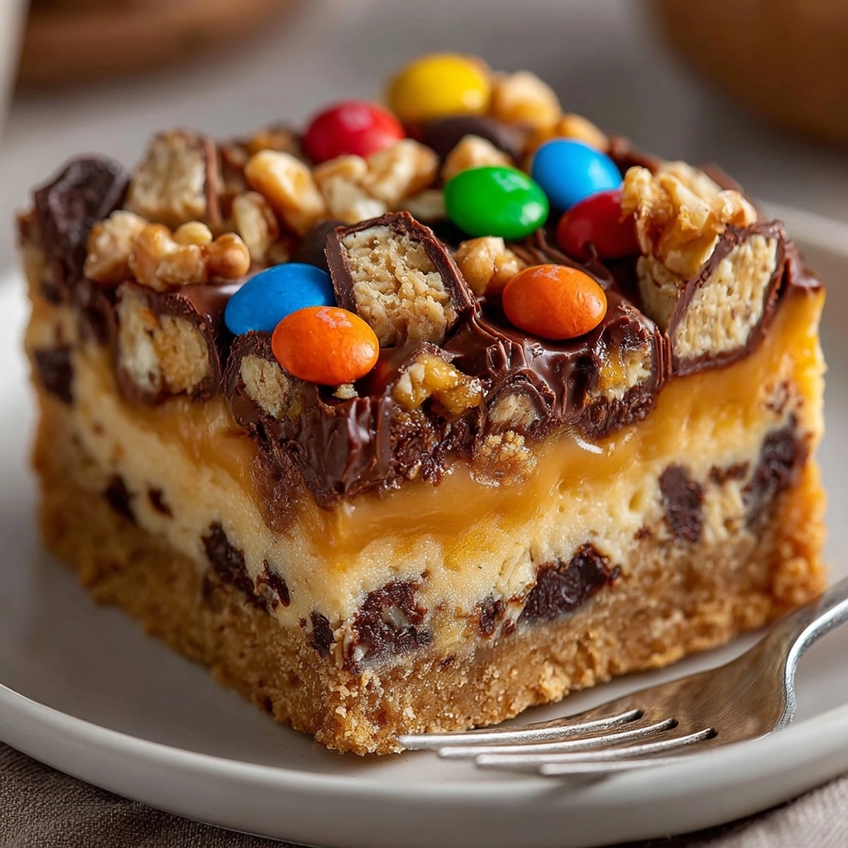 Golden Halloween Candy Magic Bars, showcasing gooey chocolate, peanut butter cups, and coconut.