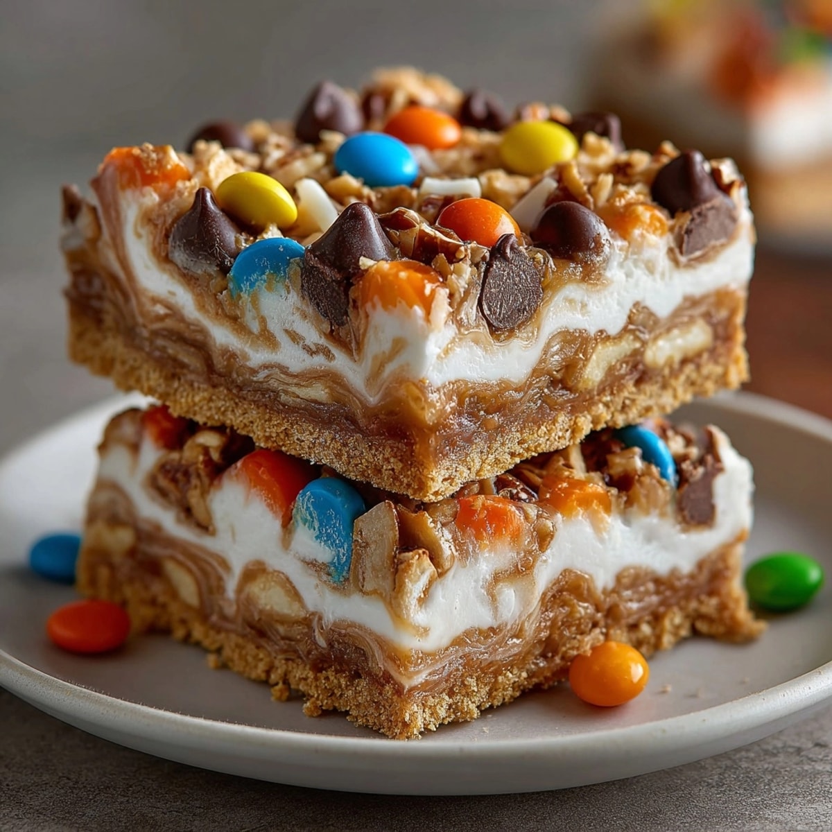 Layered Halloween Candy Magic Bars, a sweet, colorful dessert with chopped candies.