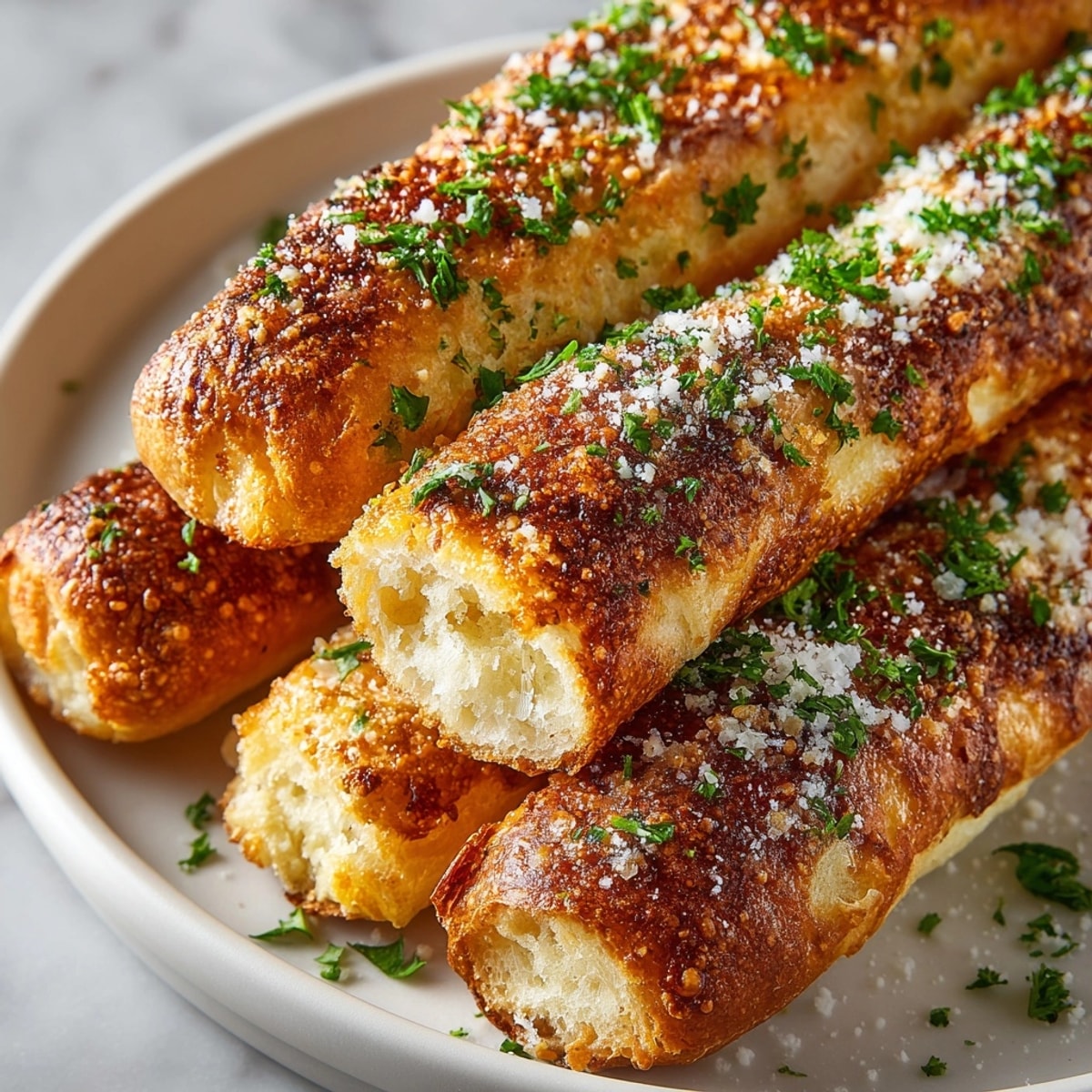 Golden baked 2-Ingredient Dough Breadsticks, brushed with butter, a simple recipe from the oven.