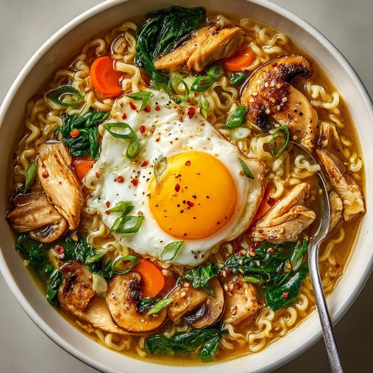 Bowl of steaming Canned Soup Ramen Upgrade: noodles, veggies, rich broth.