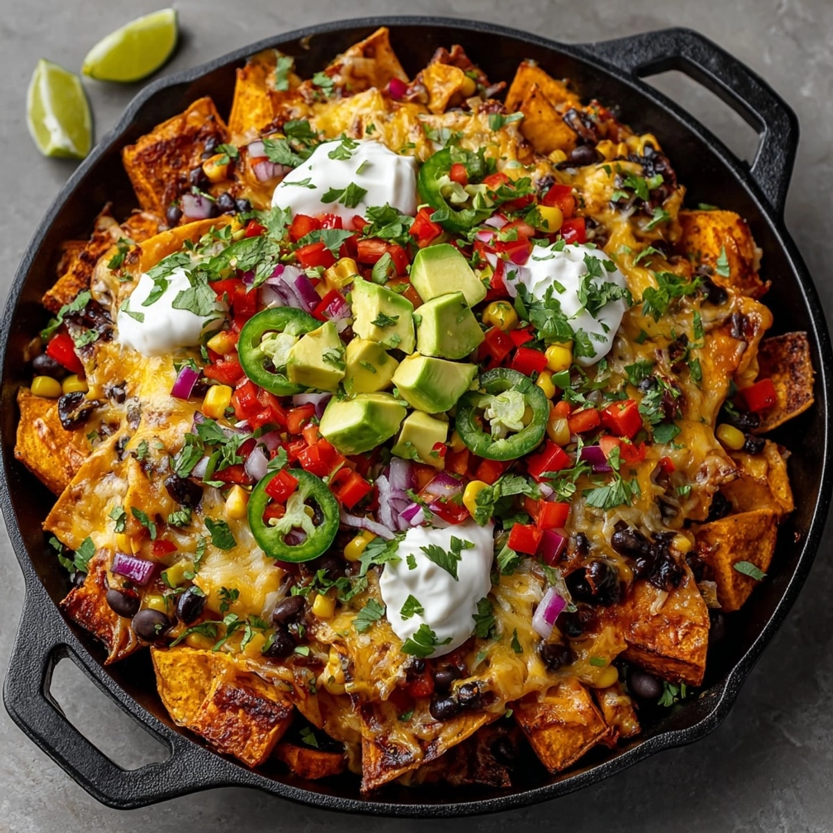 Golden Sweet Potato Nacho Skillet, piled high with melted cheese, beans, and fresh toppings.