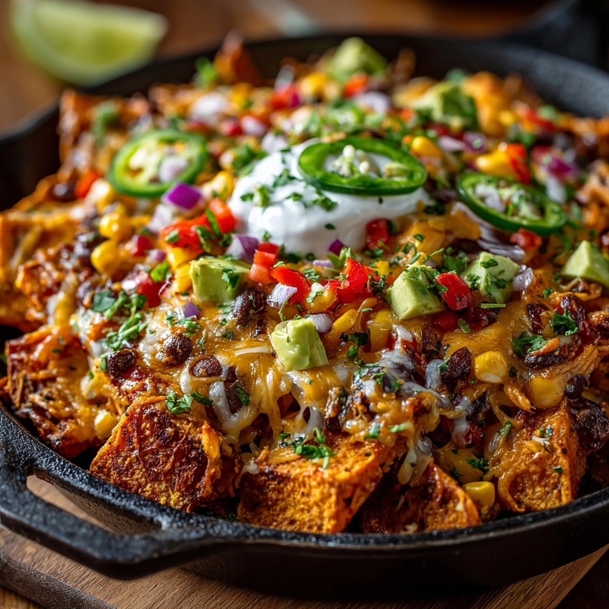 Imagine digging into a warm & savory cheesy Sweet Potato Nacho Skillet, perfect for sharing.