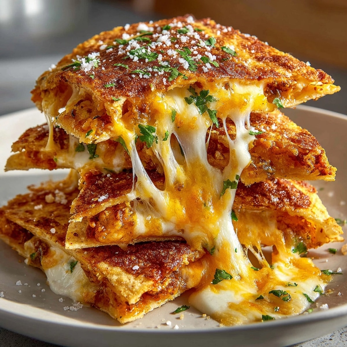 Golden fried Cheese-Stuffed Tortilla Chips with bubbling cheese, perfect with salsa.