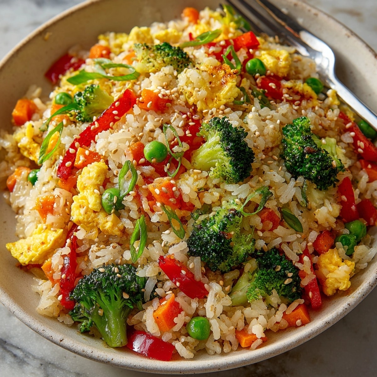 Golden 10-Minute Veggie Fried Rice shimmering in a wok, ready for a fast, delicious meal.