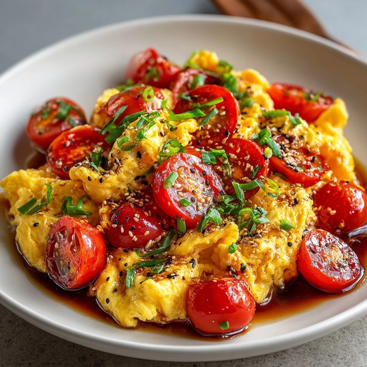 TikTok Tomato Egg Stir Fry: Golden scrambled eggs simmered with bright red tomatoes.