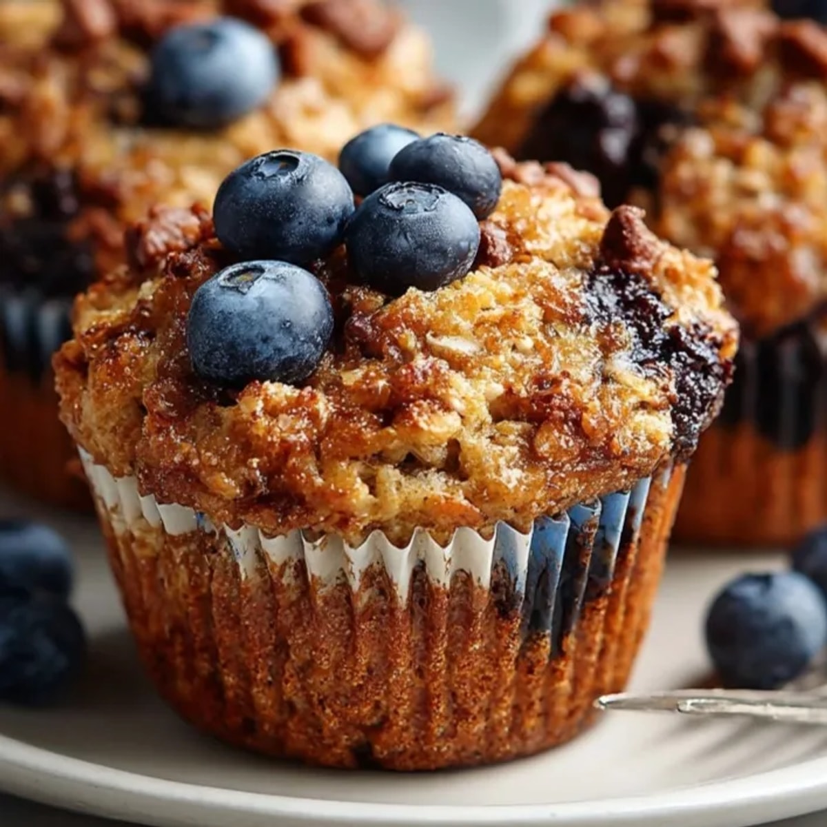 Golden Baked Oatmeal Muffin Cups, fresh from the oven and filled with juicy blueberries.