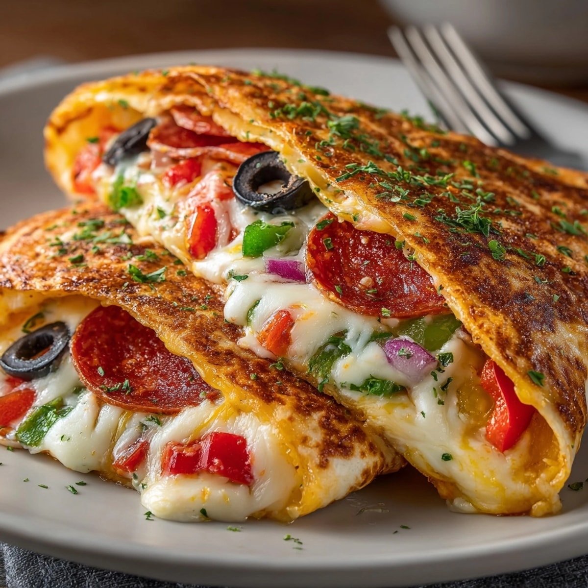 Golden brown Pizza Tortilla Hack with melted cheese oozing, ready to be served.