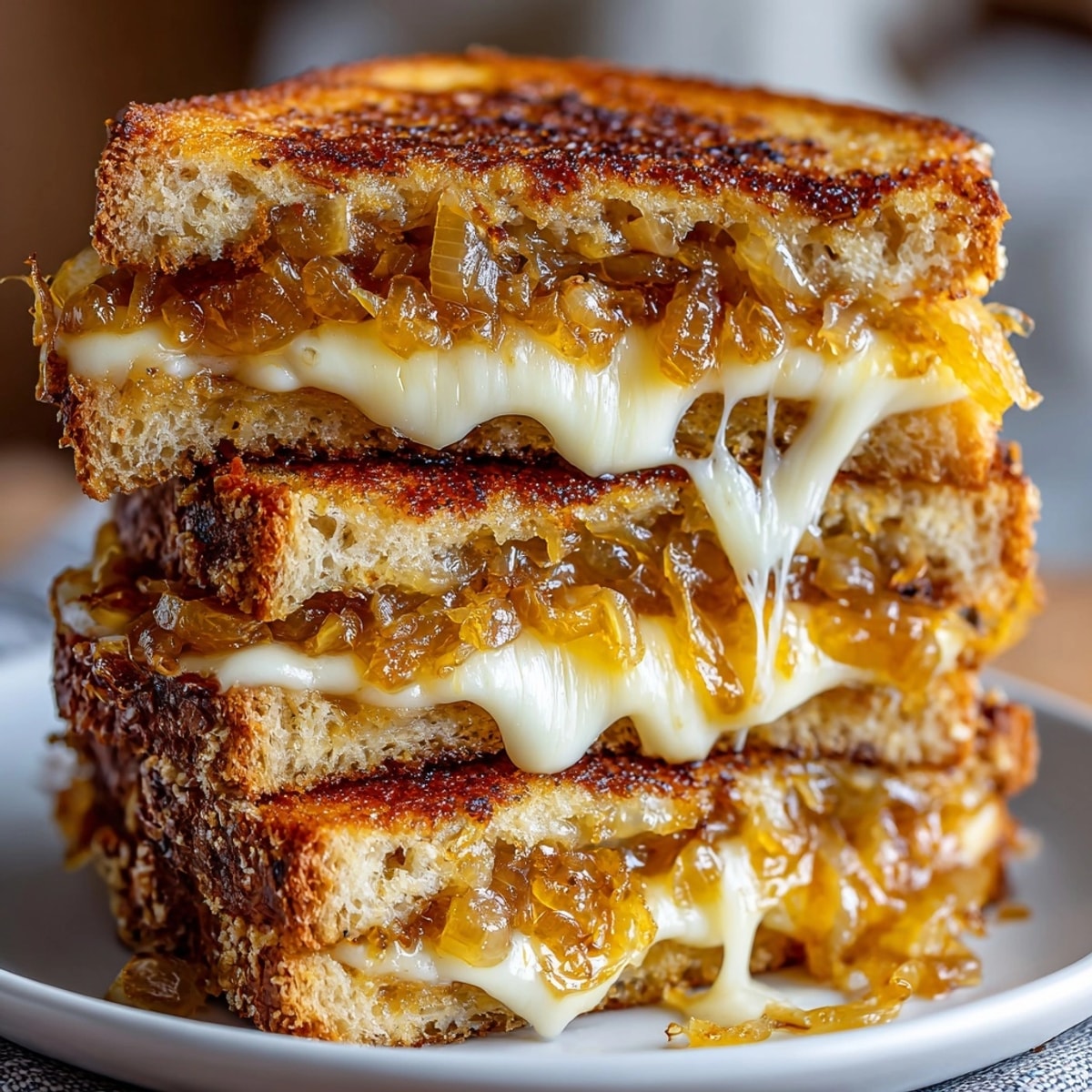 Golden-brown French Onion Grilled Cheese, oozing with Gruyère, hints at warm, savory comfort.