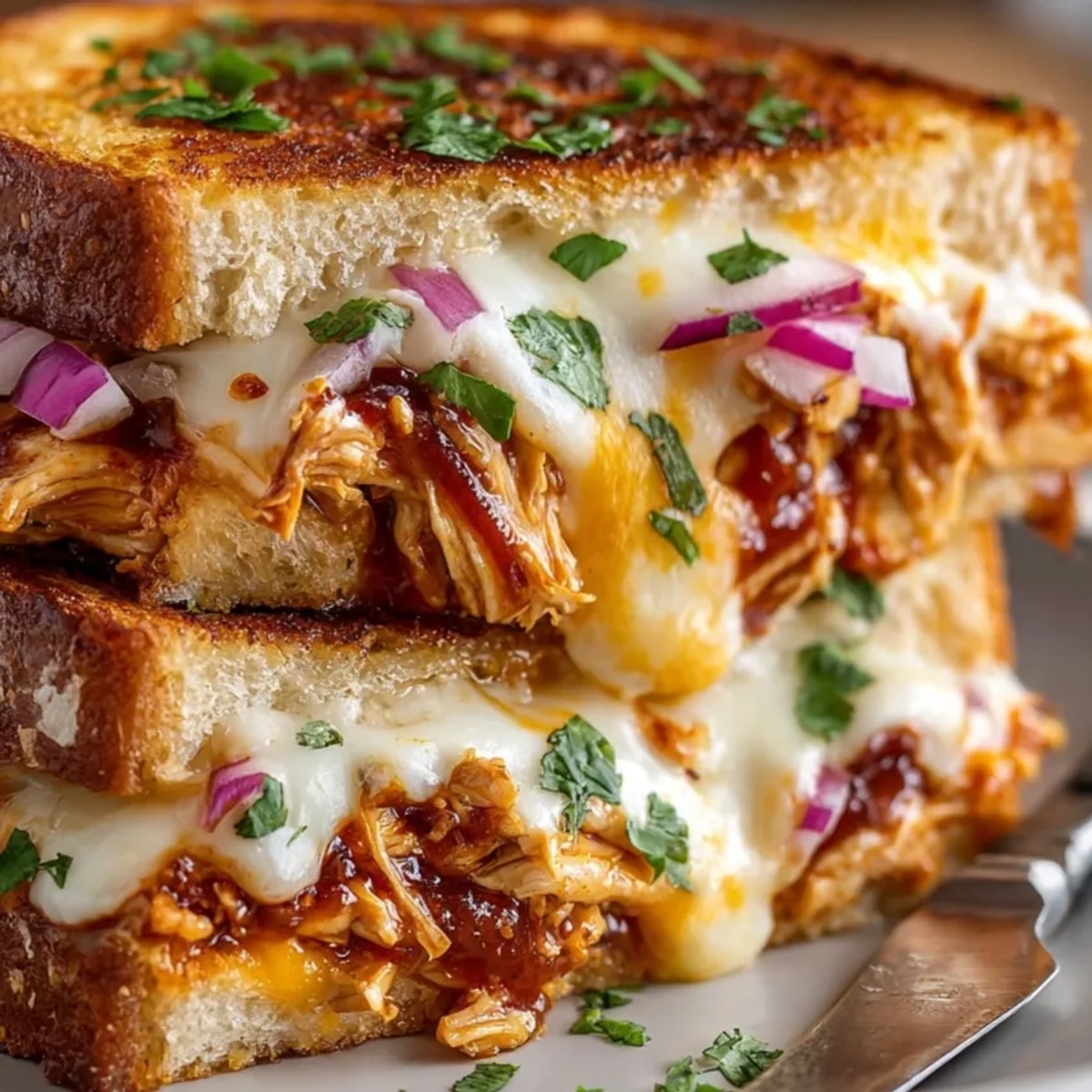 Melty BBQ Chicken Grilled Cheese sandwich: a symphony of smoky, tangy, cheesy flavors.