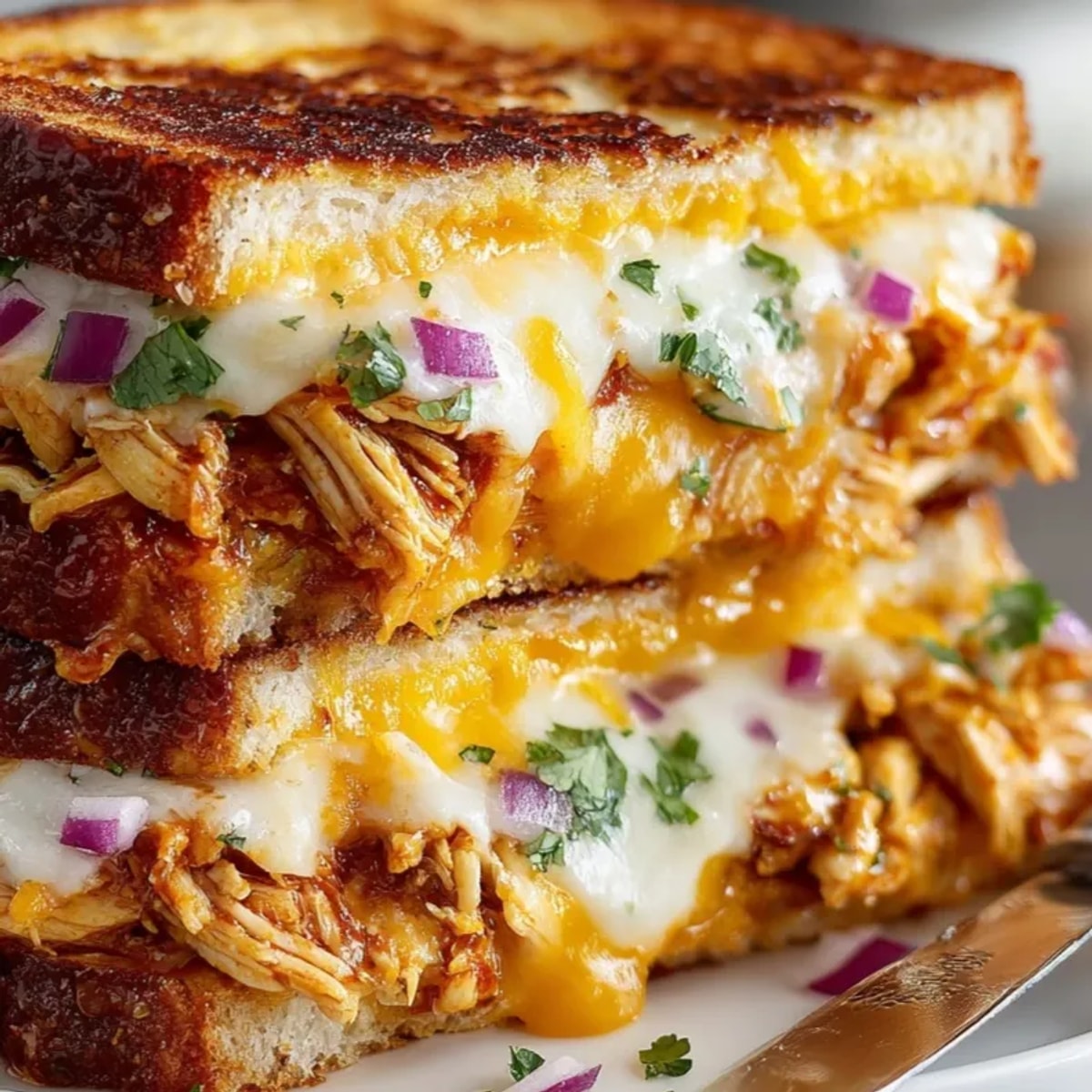 Stacked BBQ Chicken Grilled Cheese with sharp cheddar, oozing mozzarella, and a buttery crust.