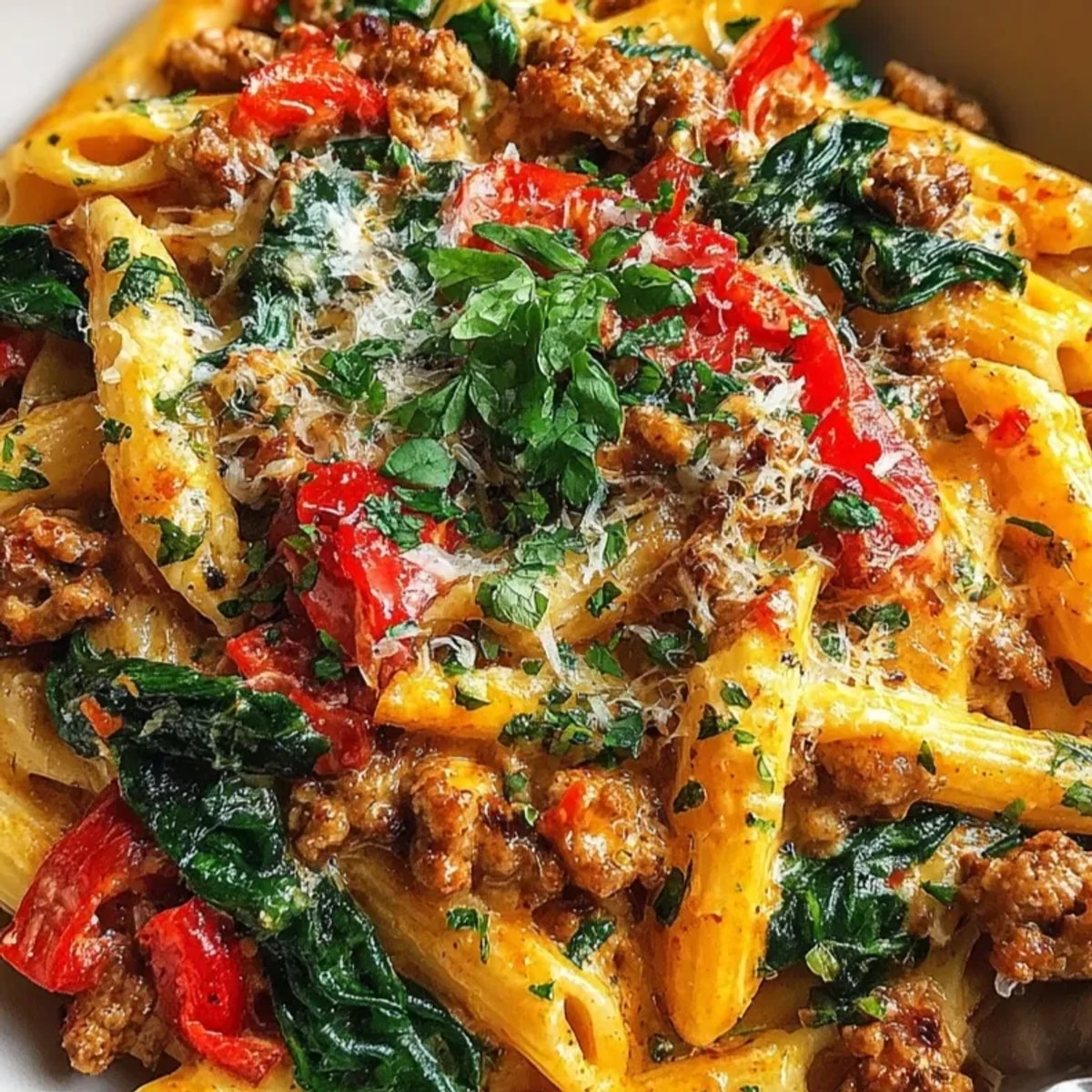 Close-up of creamy, cheesy One-Pot Sausage Pasta glistening with herbs, ready to serve.
