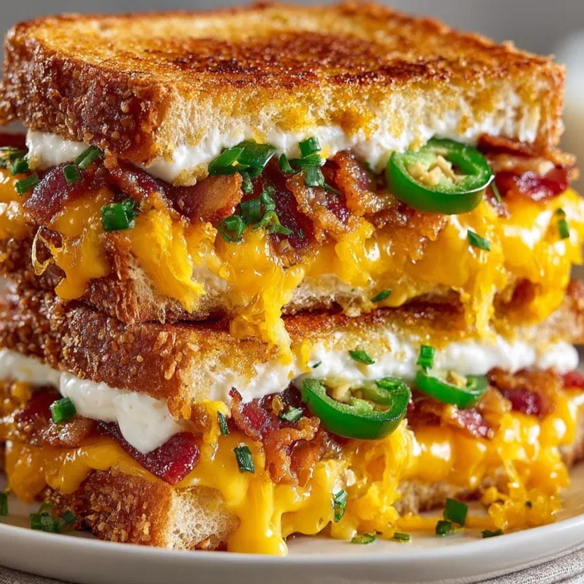 Mouthwatering Jalapeño Bacon Grilled Cheese: Crispy sourdough oozing with melted cheese and savory bacon.