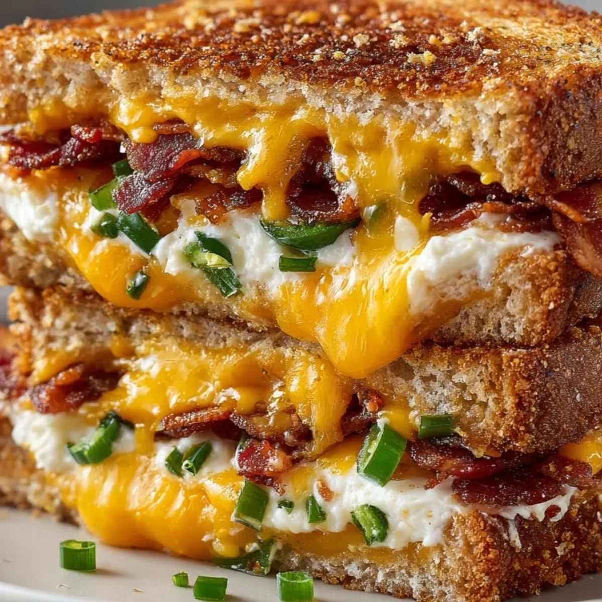 Golden Jalape&amp;ntilde;o Bacon Grilled Cheese sandwich, sliced in half, showcasing melted cheese and spicy peppers.