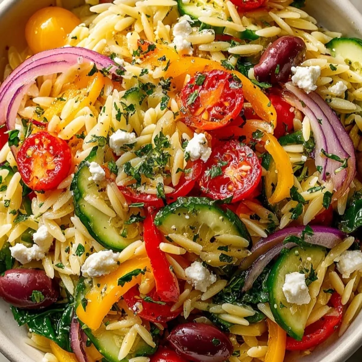 Overhead view of Greek Style Warm Orzo Salad, vibrant with colorful vegetables and feta.