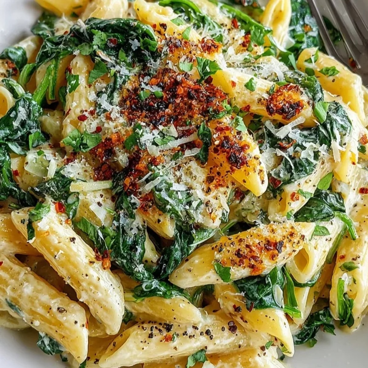 Creamy Spinach Pasta: Al dente pasta twirled in a rich, cheesy, and fragrant cream sauce.