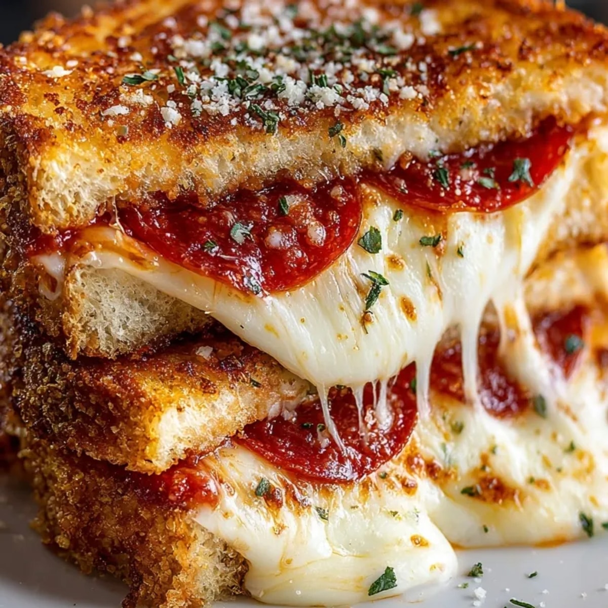 Golden Pepperoni Pizza Grilled Cheese with melted mozzarella, herbs, and crispy pepperoni.