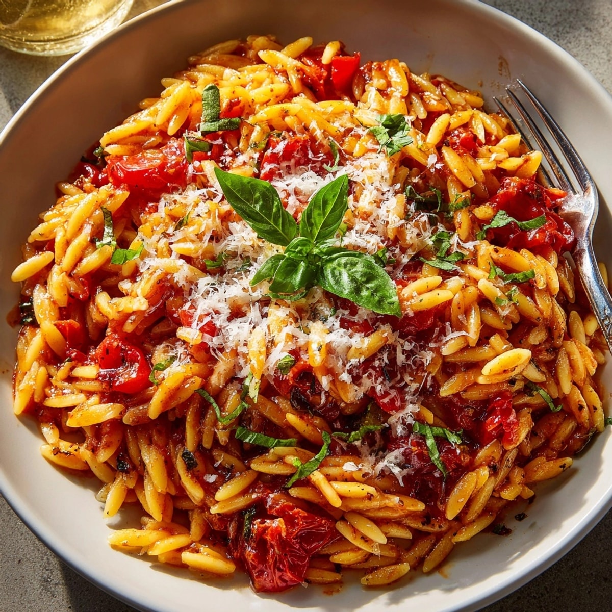 Close-up of Spicy Arrabbiata Orzo, gleaming red with fresh basil, ready to savor.
