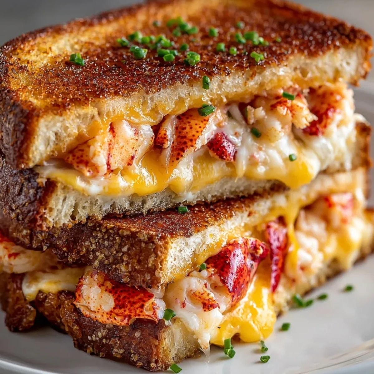 Golden, buttery Lobster Grilled Cheese with melted Gruyere and cheddar oozing out.