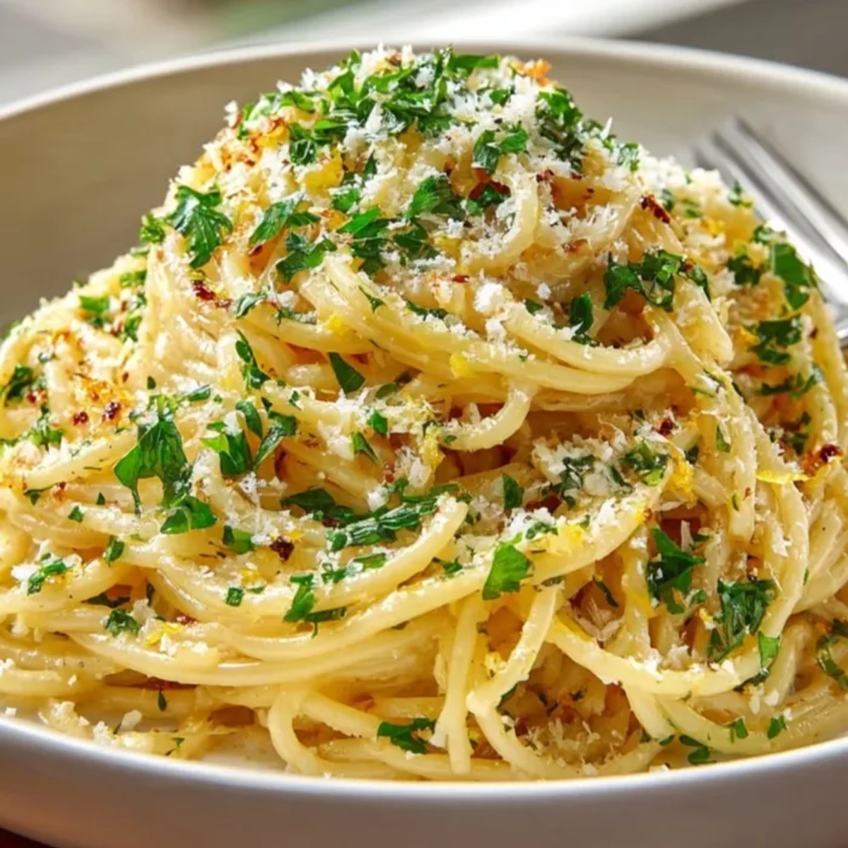 Close-up of glistening Garlic Butter Pasta with Parmesan, ready to be served hot.