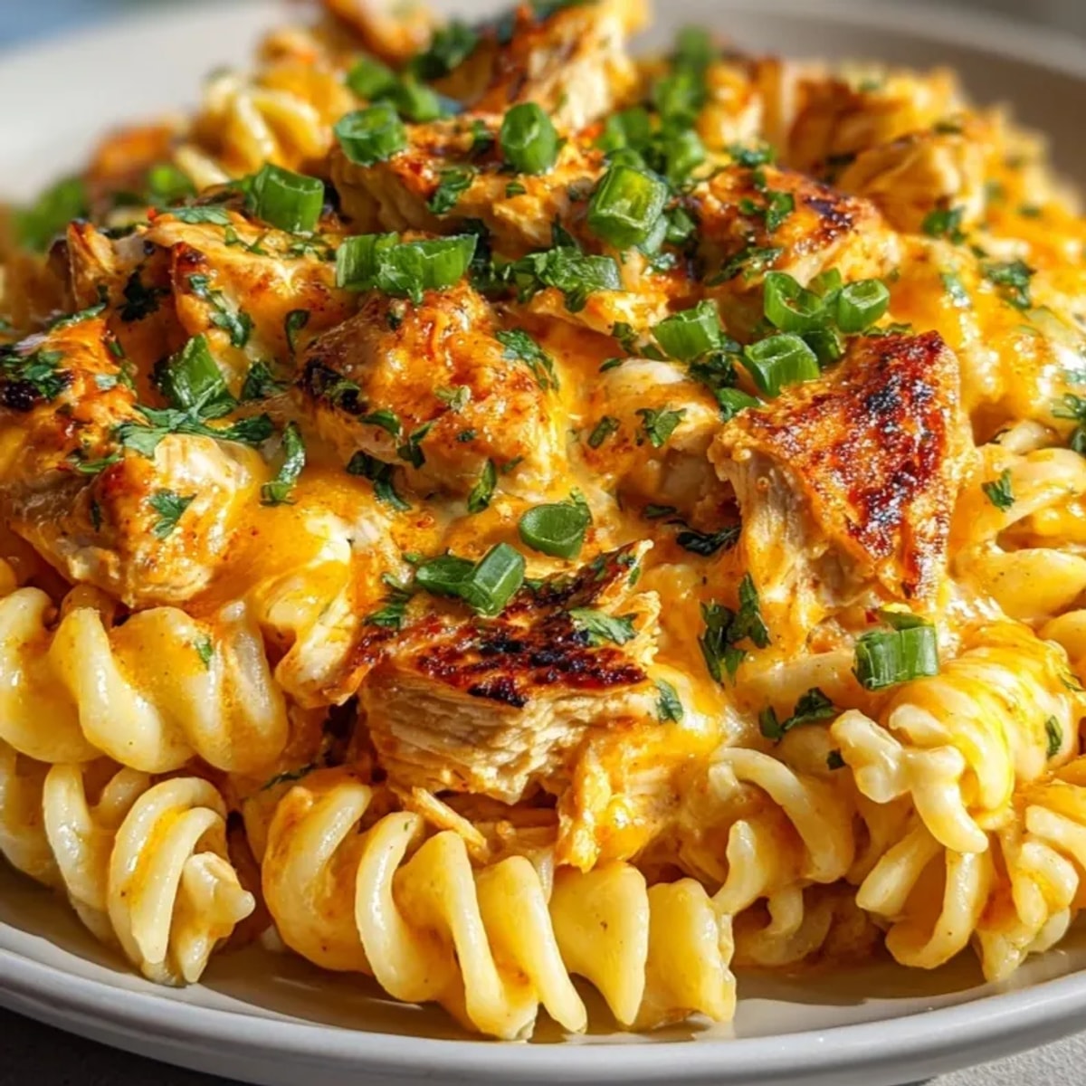 Creamy Buffalo Chicken Pasta, rich and cheesy, served hot with fresh green onion garnish.
