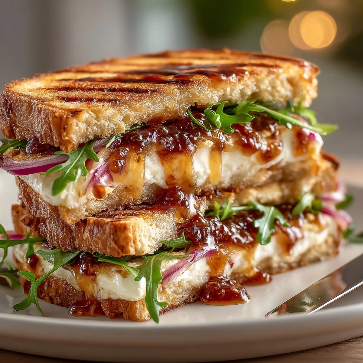 Warm, tangy Fig Jam and Goat Cheese Grilled Cheese sandwich with toasted bread.