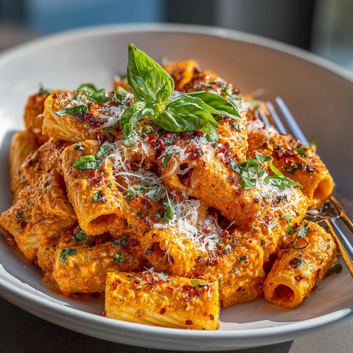 Homemade Spicy Vodka Rigatoni: Easy weeknight dinner, topped with fresh basil and cheese.
