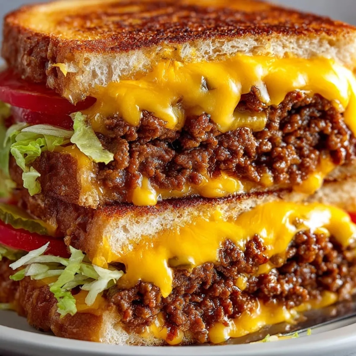 Golden, crisp Cheeseburger Grilled Cheese oozing with melted cheddar, a perfect comfort food fusion.