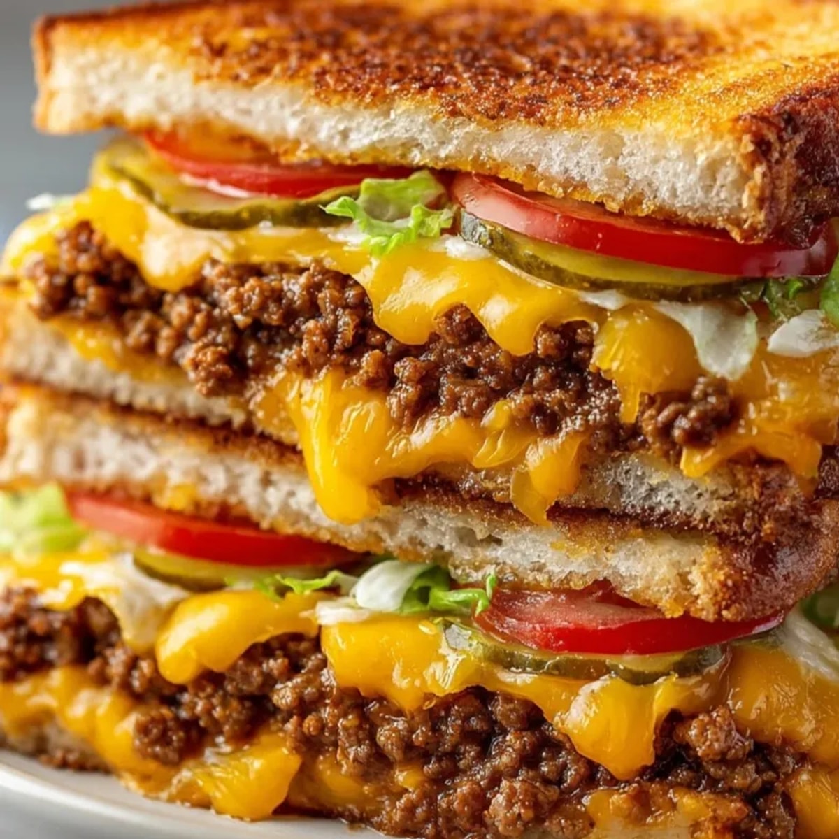 Close-up of a juicy Cheeseburger Grilled Cheese, showcasing the layers of beef and cheese.