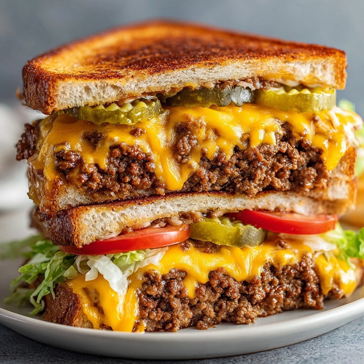 Cheeseburger Grilled Cheese halves served warm, with visible grill marks and melted cheese perfection.