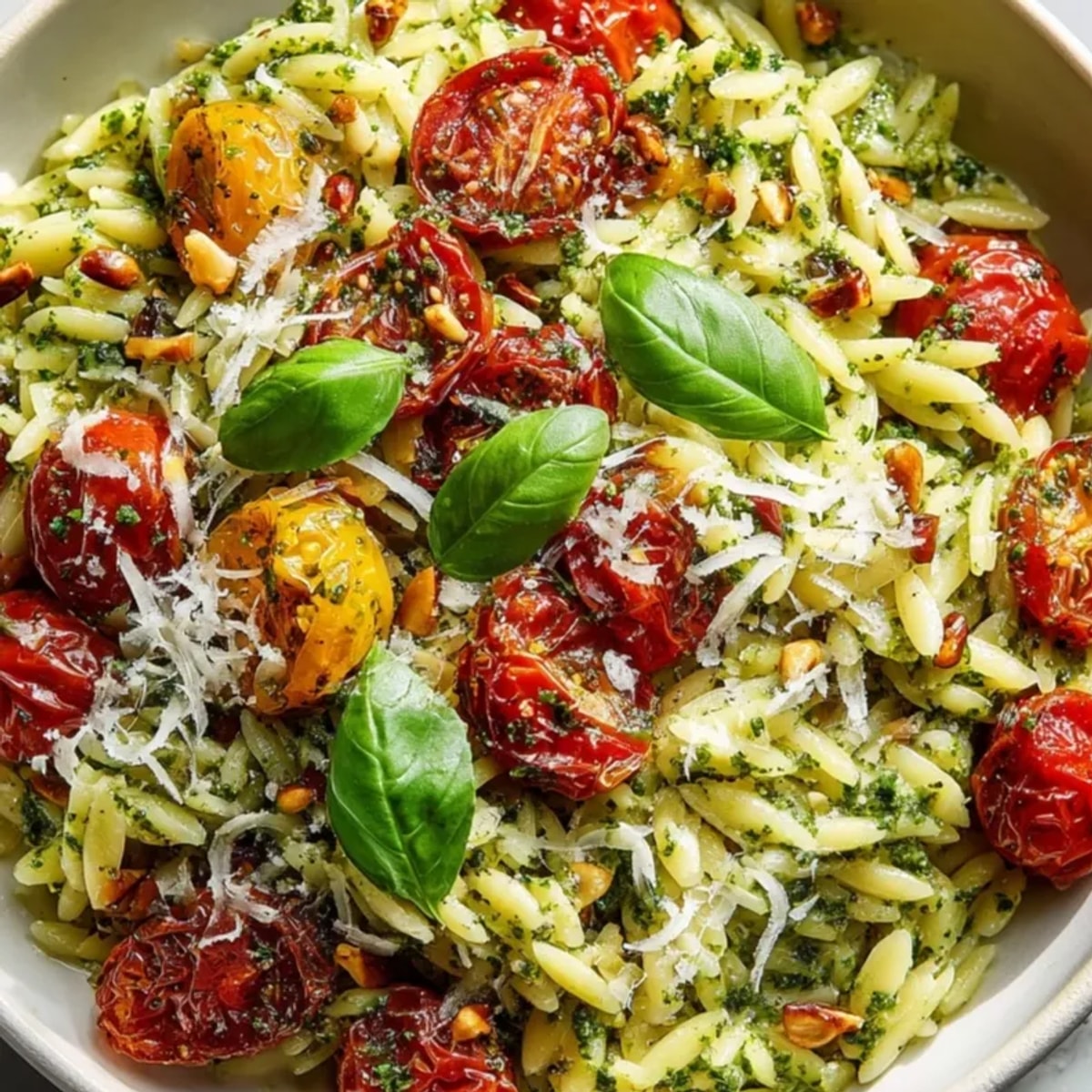 Pesto Orzo with Cherry Tomatoes: Up-close, bright green pesto coats the pasta.