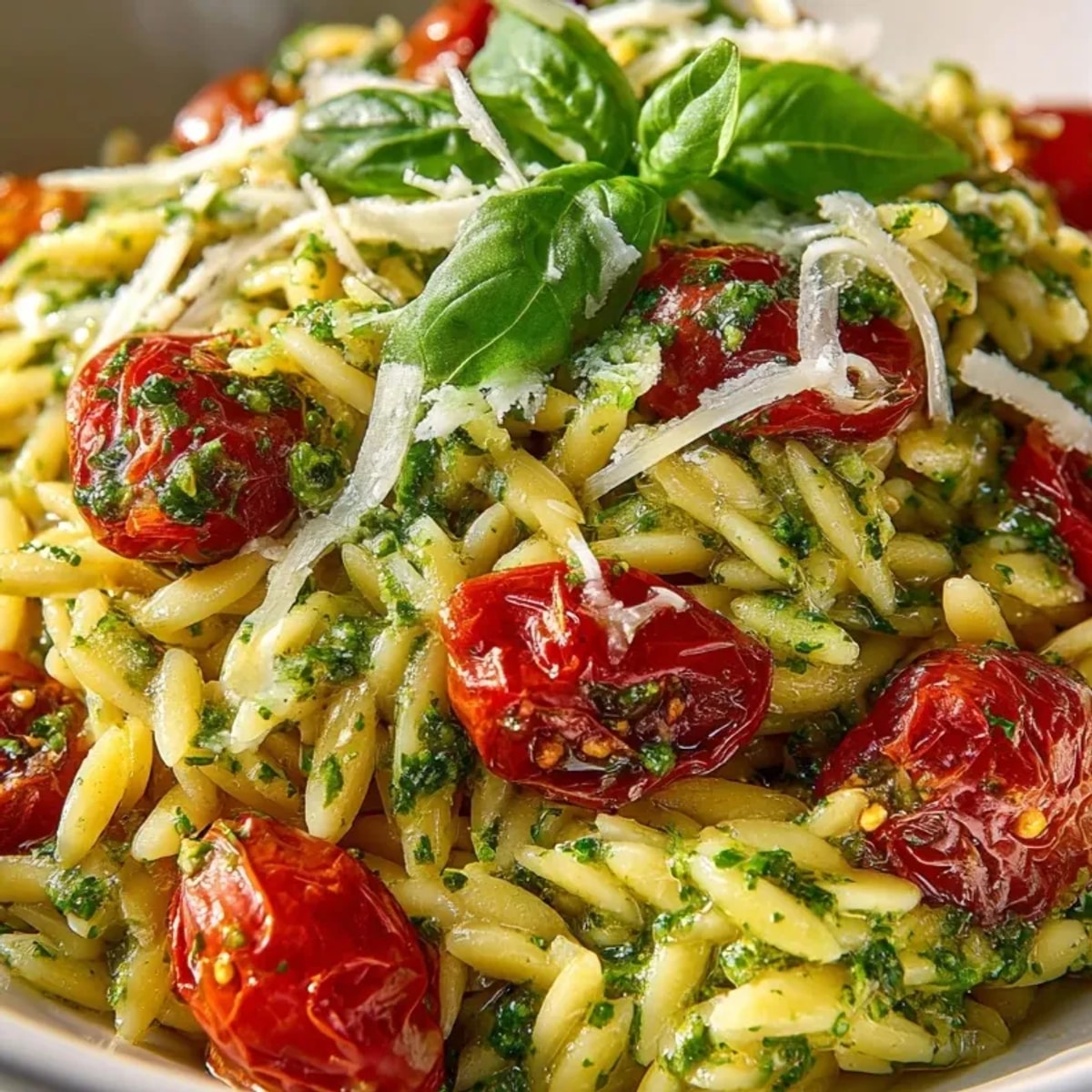 Roasted cherry tomatoes and creamy Pesto Orzo ready for a light summer dinner.