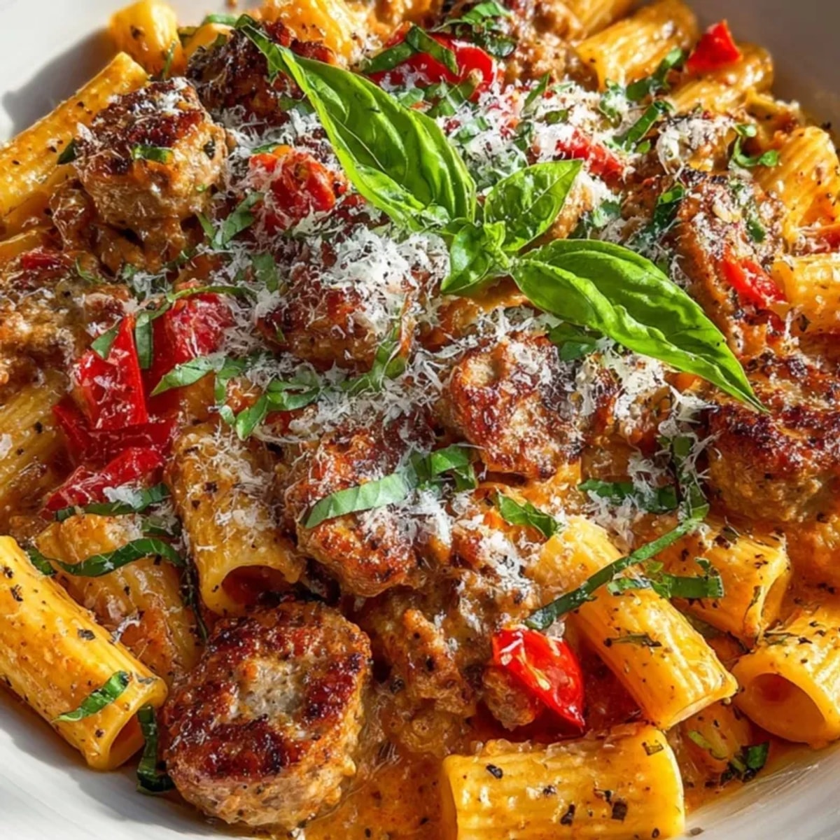 Close-up of Creamy Tomato Sausage Pasta, glistening with Parmesan and studded with basil.