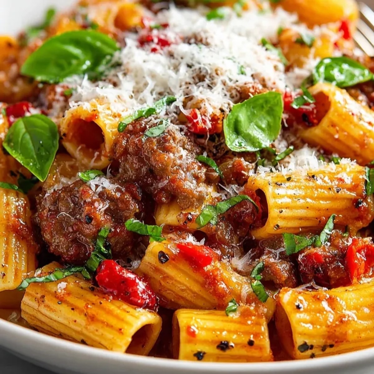A bowl of Creamy Tomato Sausage Pasta emits warmth, enticing with Italian herbs.