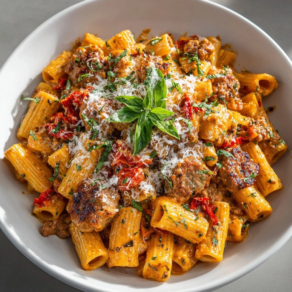 Spoonful of Creamy Tomato Sausage Pasta lifted, showing the rich, flavorful texture.