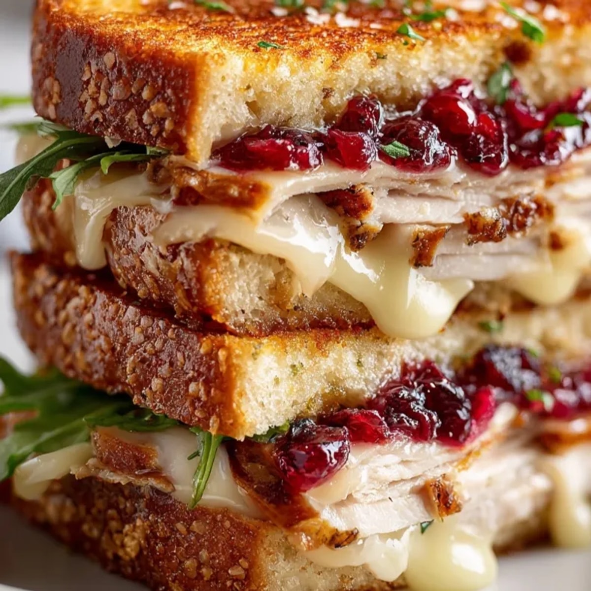 Buttery Turkey Cranberry Grilled Cheese sandwich filling oozing, golden brown bread perfection.