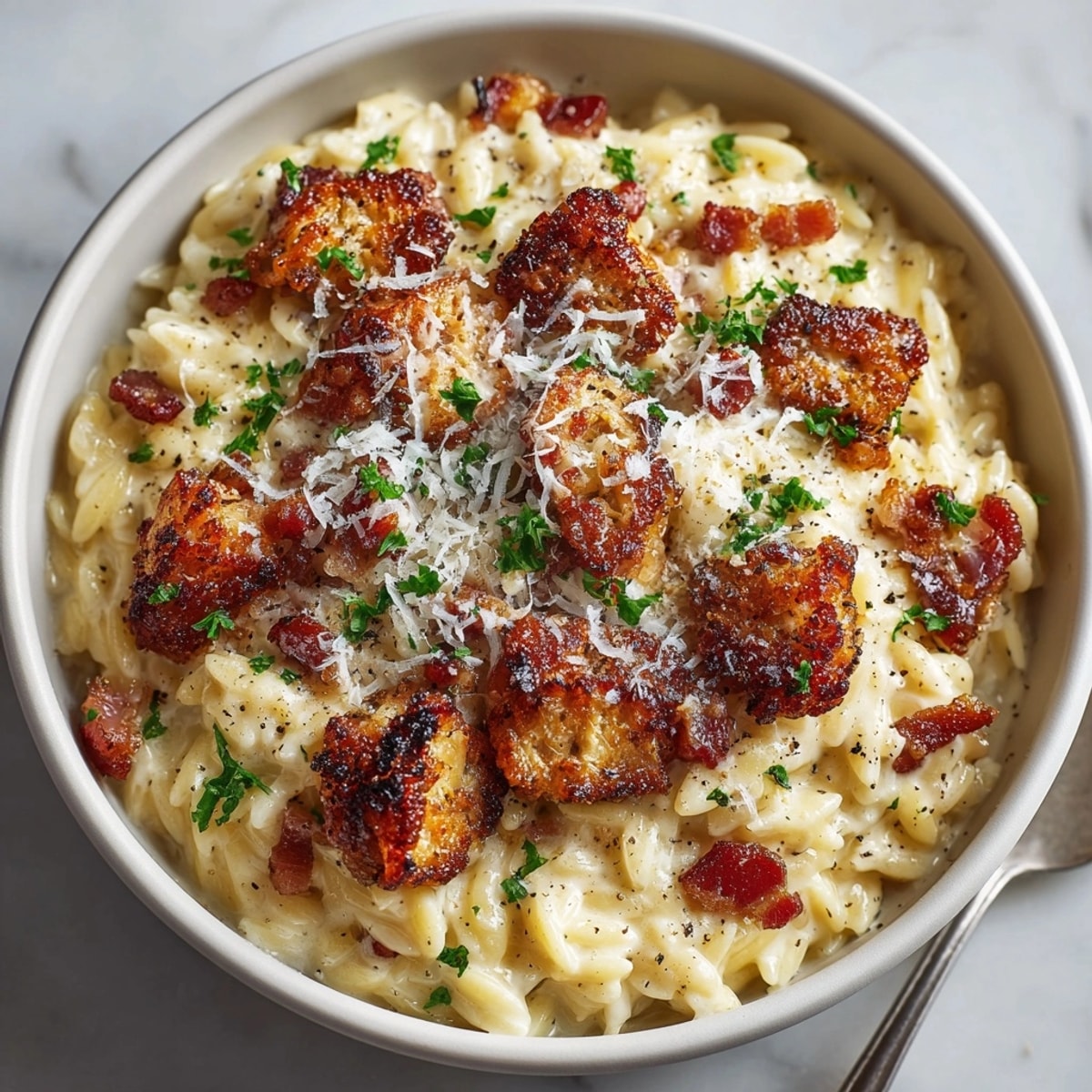 Rich Orzo Carbonara Style: creamy orzo pasta with salty pancetta, perfect easy dinner.