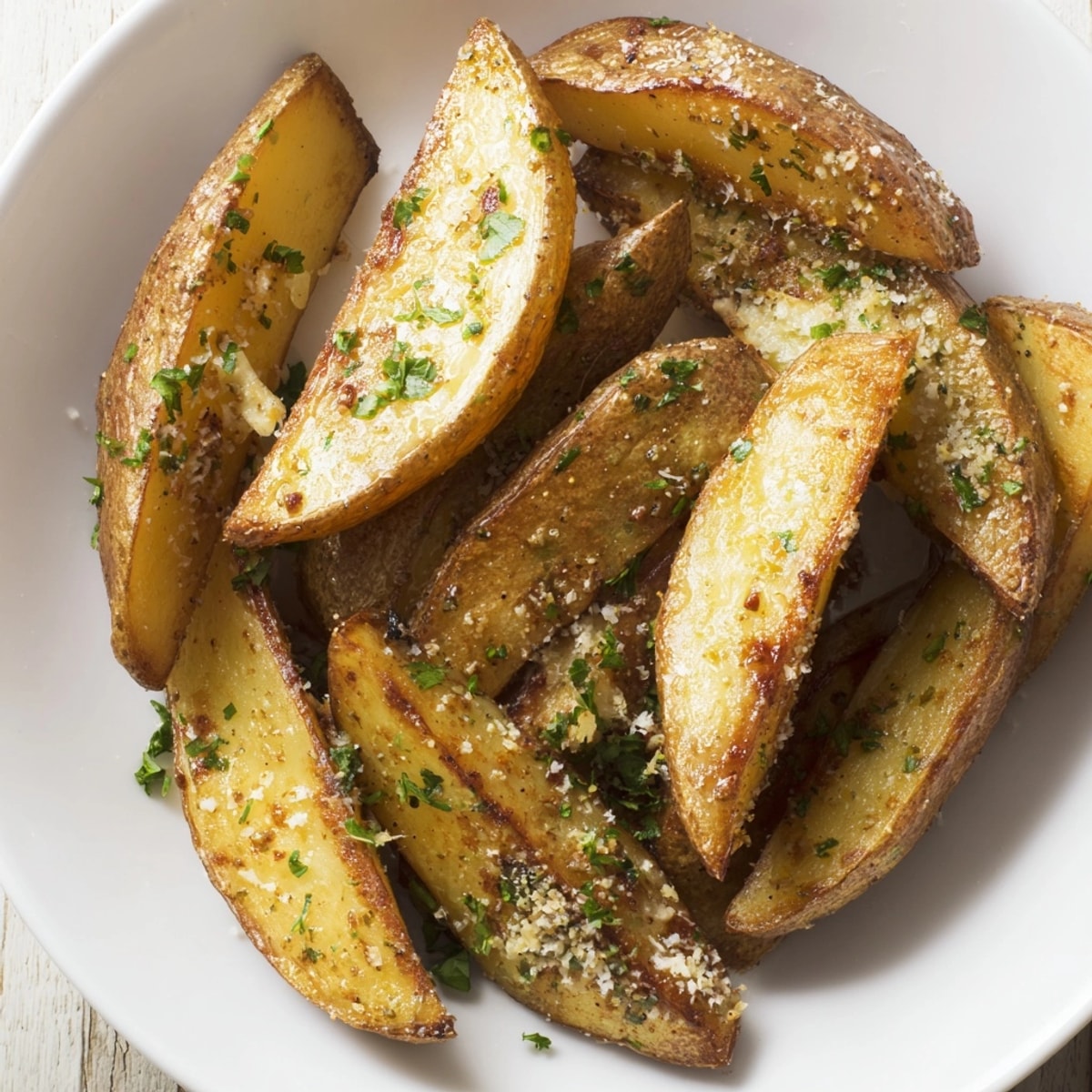 Crispy Garlic Potato Wedges, freshly baked, golden brown, and seasoned with aromatic herbs and spices.