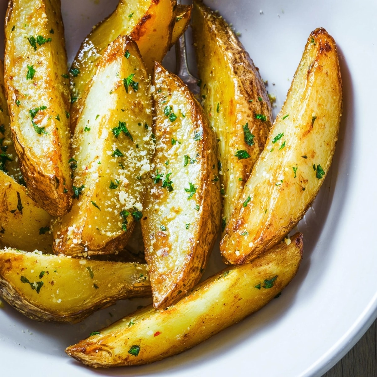Close-up shows tempting Crispy Garlic Potato Wedges, sprinkled with parsley, ready to dip in aioli.