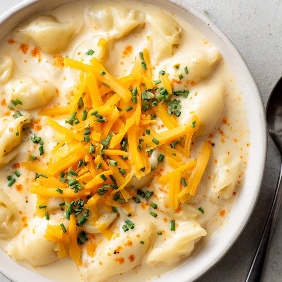 Bowl of creamy Cozy Mac ‘n’ Cheese Soup, topped with fresh, green chives.