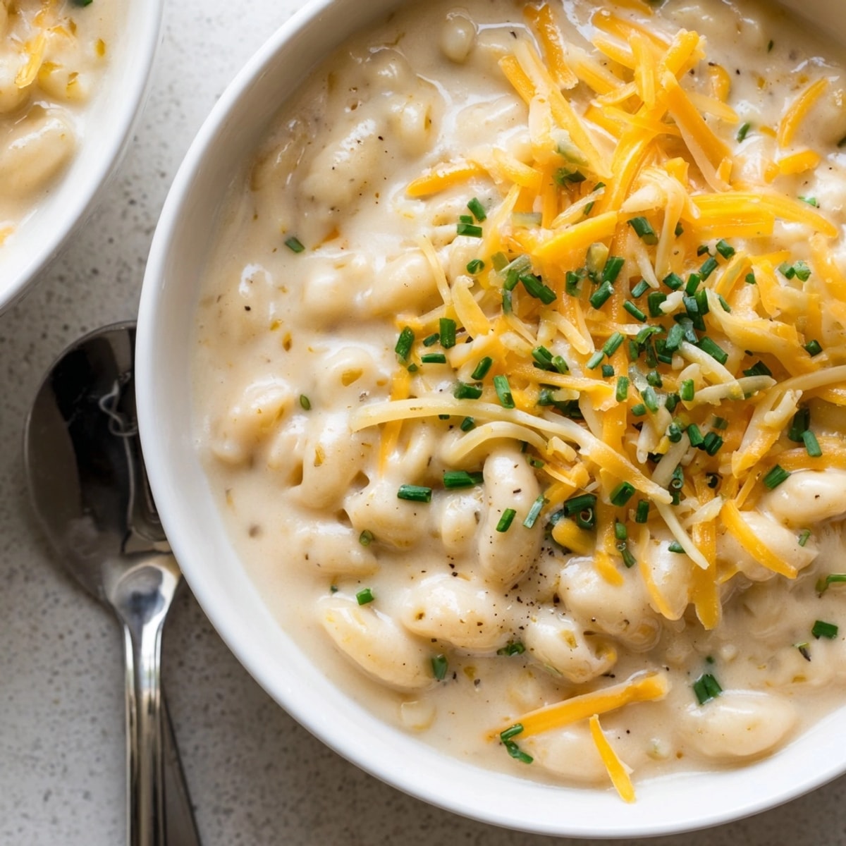 Homemade Cozy Mac ‘n’ Cheese Soup simmering in a pot, rich, cheesy aroma fills the kitchen.