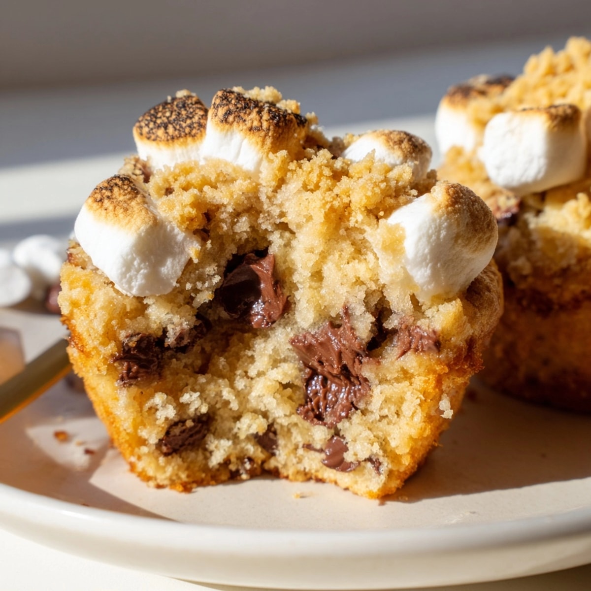 Golden S’mores Chocolate Chip Muffins, topped with gooey marshmallows and graham cracker crumbs.