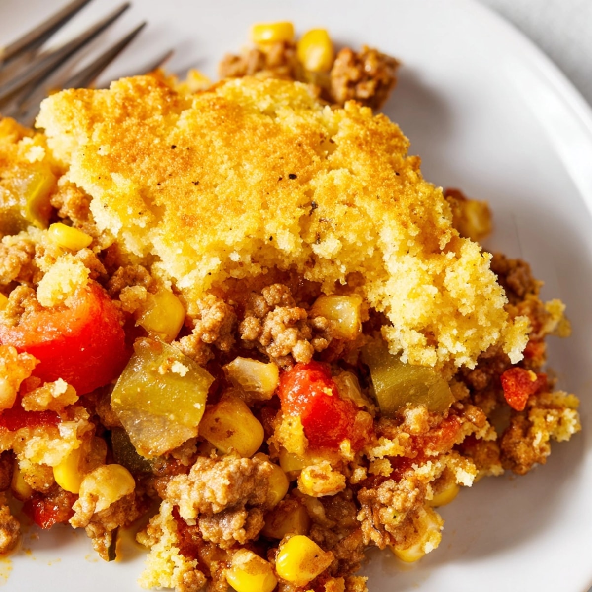 Close-up of a rustic, bubbly Turkey Cornbread Skillet, steaming hot and ready to serve.