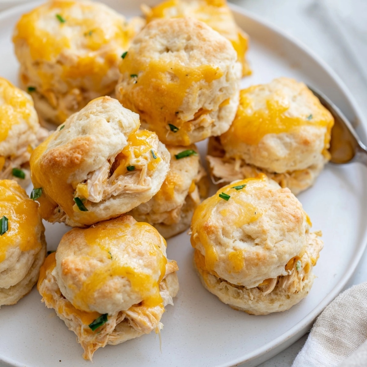 Close-up of baked Ranch Chicken Biscuit Poppers oozing cheddar; family-friendly appetizer.