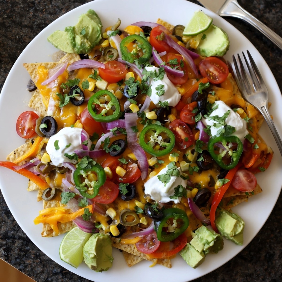 Up close, cheesy Sheet Pan Roasted Veggie Nachos, perfect for a party or snack.