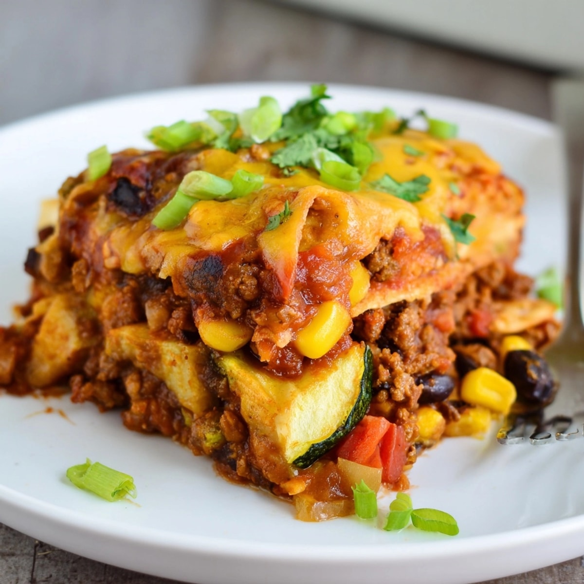 Close-up shows a cheesy, bubbling Vegetable Beef Enchilada Bake, garnished with cilantro.