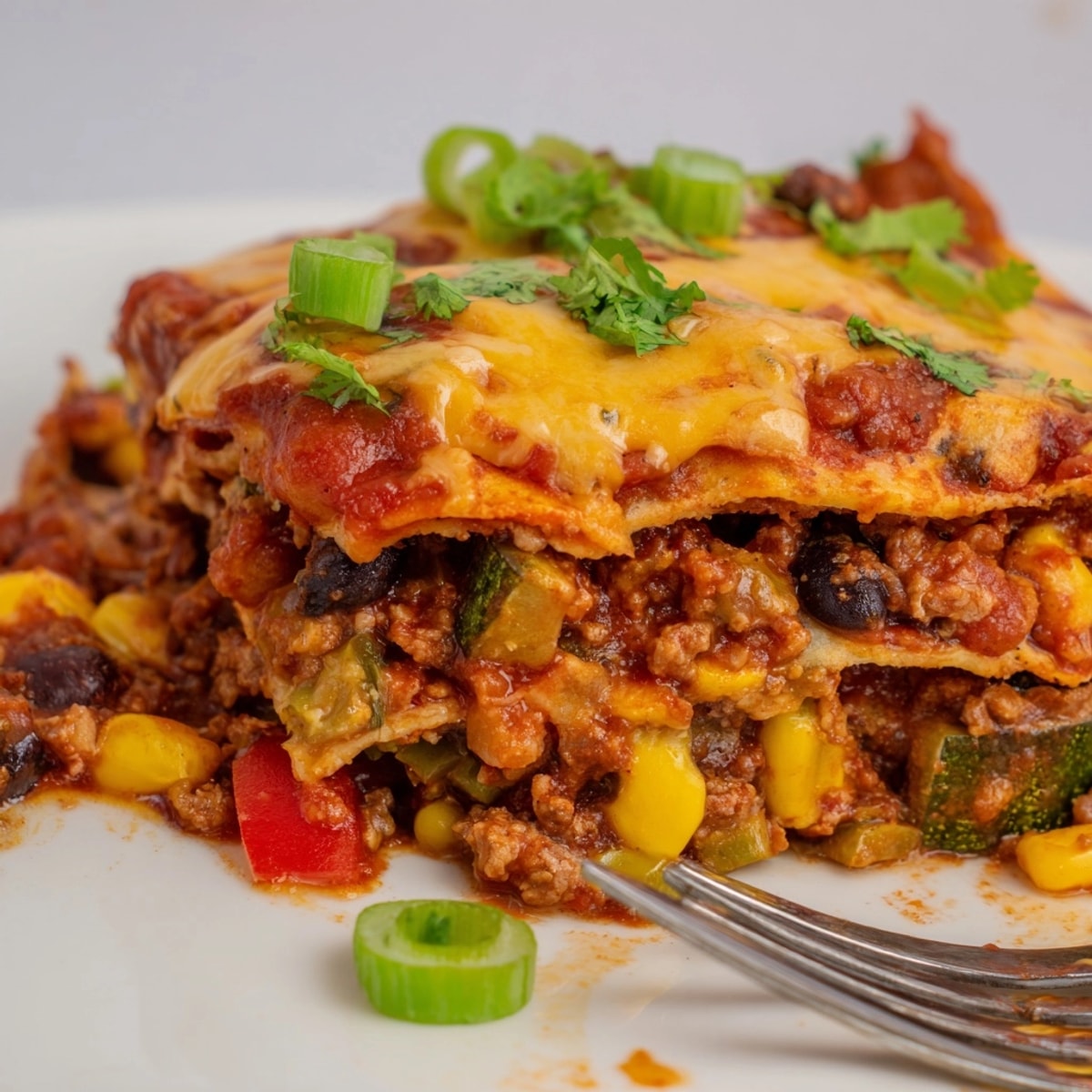 Vegetable Beef Enchilada Bake: A melty, savory casserole fresh from the oven, ready to serve.