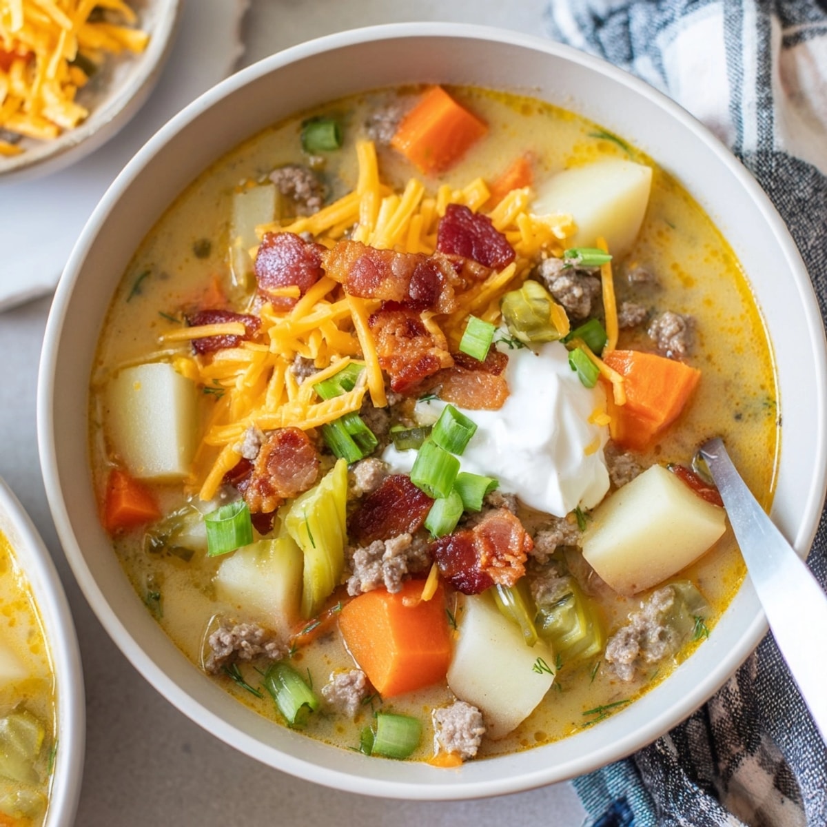 Creamy Loaded Cheeseburger Soup in a pot, topped with bacon and green onions.