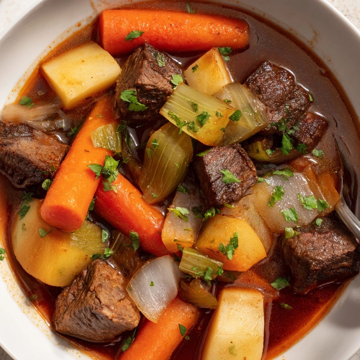 Close-up showing chunks of beef and root vegetables in rich, delicious Smoky Beef Stew.